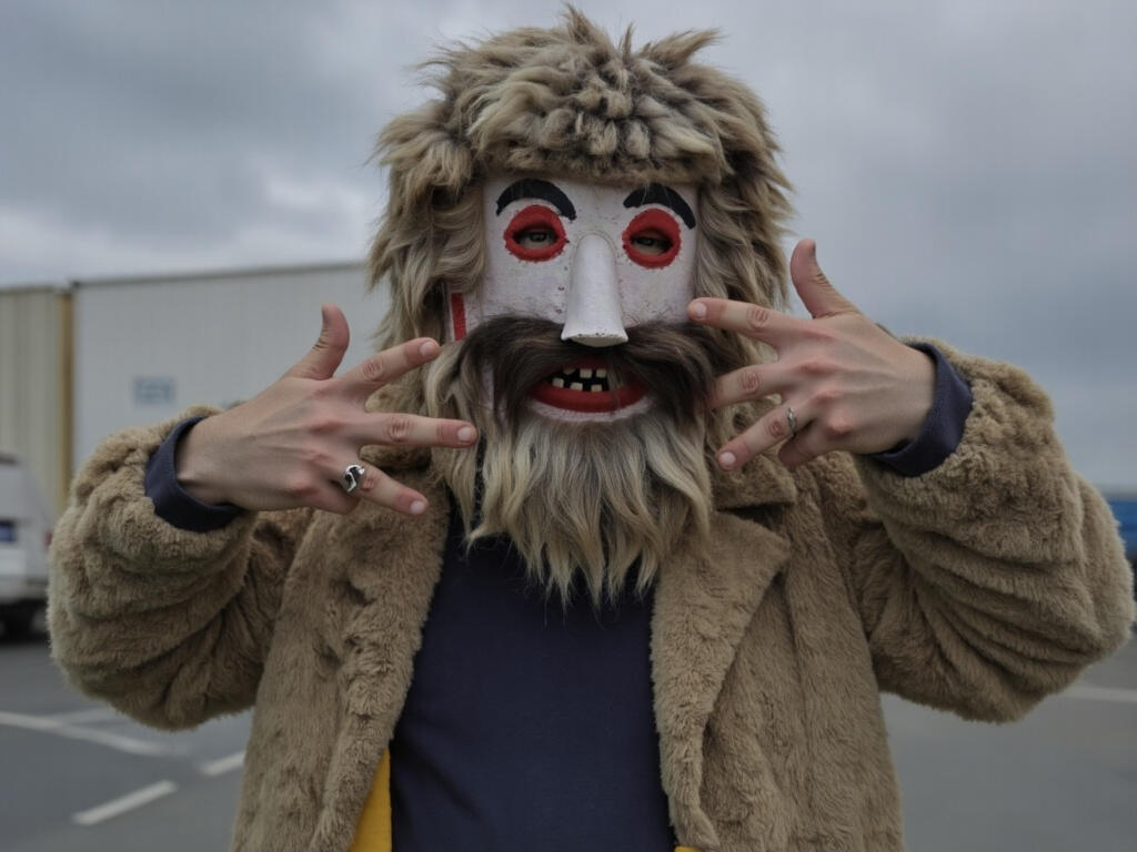 amateur photo featuring a breakdancer wearing a very detailed FolkloraMask traditional folklore Chipăruș mask with a big fluffy beard and moustache, striking a pose